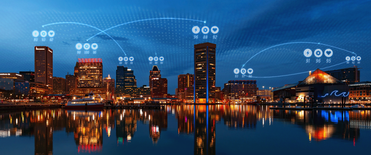 Baltimore skyline with building scores provided by a building automation system.