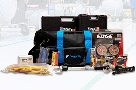 Premium HVAC tools including Daikin tool bag and Edge meters displayed by Havtech Supply