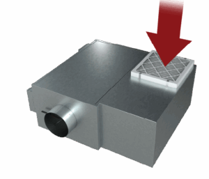 Gray metallic HVAC fan powered terminal unit with rectangular body, circular duct connection on left side, and white air filter visible on top with red arrow pointing to filter location.