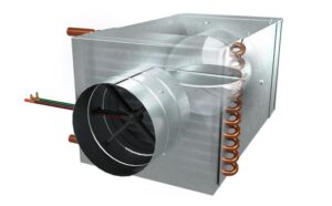 Rectangular metal HVAC unit, featuring a cylindrical duct connection, visible copper coils, and electrical wiring—the Price Industries SDV Vantage series.