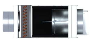 Top-down view of a rectangular industrial air duct component with metal fins and coil tubes visible on the left side, showcasing a detailed cross section.