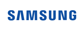 The image shows the Samsung logo in blue, with bold, uppercase letters on a transparent background.