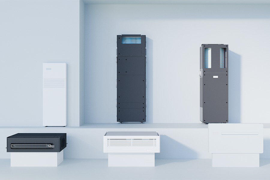 Six modern Ephoca AIO air conditioning unit models are displayed on white platforms against a light background.
