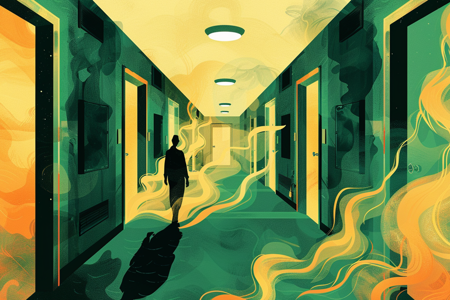 A person walks down a hallway with open doors as swirling yellow and green mist fills the corridor, evoking the atmosphere of multifamily ventilation odor complaints.