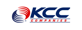 KCC Companies logo with blue text and red and blue curved lines forming a circular design to the left of the company name on a light background.