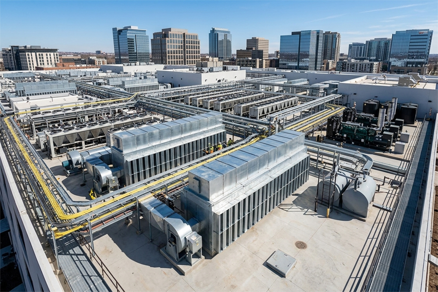 Large HVAC and heat-rejection equipment on an urban data center site.